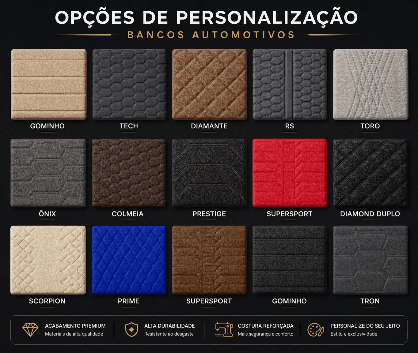 Opções de personalização — amostras de costura automotiva